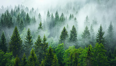 A misty evergreen forest with sunlight filtering through the canopies.の素材