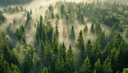 A breathtaking aerial view of a lush pine forest shrouded in fog and illuminated by sunbeams.の素材