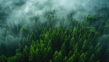 A captivating aerial photograph of a dense evergreen forest shrouded in mist, showcasing a vibrant tapestry of green foliage and ethereal atmospheric conditions.の素材