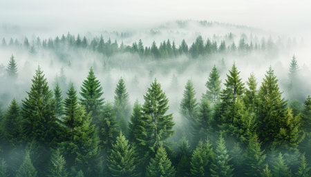 A misty forest with tall evergreen trees, viewed from above.の素材