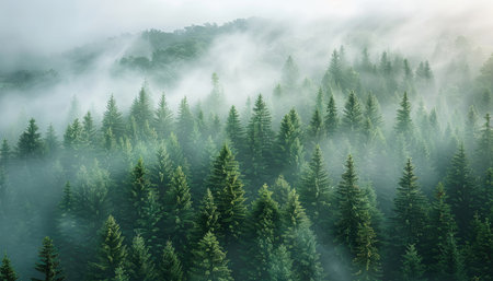 Foggy morning in the coniferous forest. Aerial viewの素材