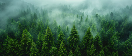 An aerial view of a dense evergreen forest shrouded in fog, showcasing a tranquil and serene natural landscape.の素材