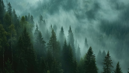 A dense evergreen forest shrouded in mist, with tall trees reaching towards the sky.の素材