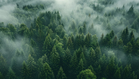 Aerial view of green coniferous forest in foggy morningの素材