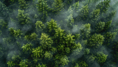 Aerial view of misty green forest. Nature and environment conceptの素材