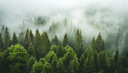 Foggy forest in the mountains. Beautiful summer landscape with fog.の素材