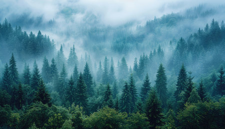 Misty mountain landscape with coniferous forest in the morning.の素材