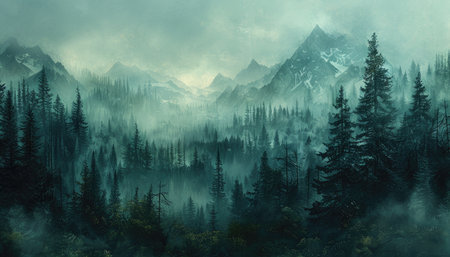 Foggy mountain landscape with coniferous forest in the foregroundの素材