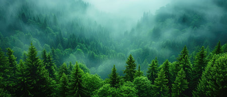 Panoramic view of coniferous forest in misty morningの素材