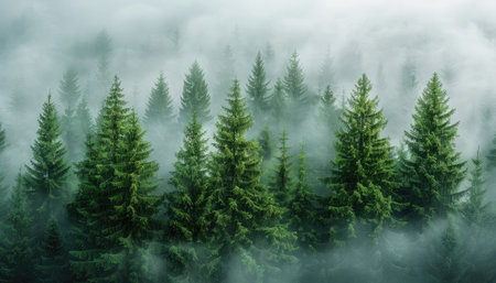 Foggy spruce forest in the mountains. Nature background.の素材