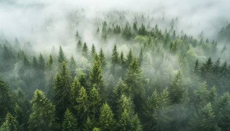An aerial view of a lush evergreen forest shrouded in fog, capturing the atmospheric beauty of nature.の素材