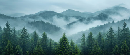 A foggy mountain range with lush green trees, creating a tranquil and serene natural landscape.の素材