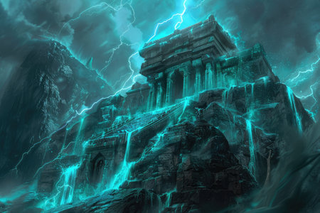 A fantasy concept art of an ancient temple carved into the side of a mountain, glowing with magical energy and surrounded by swirling clouds. Waterfalls flow down its sides, with dark cyan lighting effects. This is a gritty fantasy digital painting in the style of Dungeons & Dragons artwork, a concept design. --ar 3:2 --v 6 Job ID: 82672d98-f78f-43bc-aa73-30d1a7449addの素材