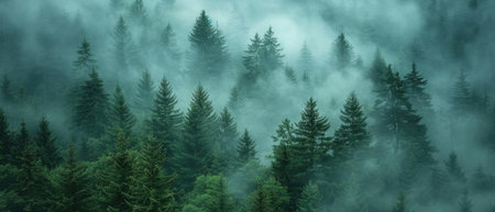 A panoramic view of a dense pine forest shrouded in mist, showcasing the ethereal beauty of nature.の素材