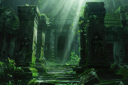 Mysterious ruins of an ancient temple in the jungle. 3d renderingの素材
