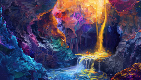 In the style of Ross Draws, a vibrant, dynamic, fantasy-inspired, and colorful scene depicts a cinematic sunlight on a waterfall in a cave. A blue and purple lava flow with an orange glow, a yellow river, and teal water flowing down a cliff create a mesmerizing landscape, high resolution, high detailed. --ar 7:4 --v 6 Job ID: 601d7a2f-ba92-4f62-9886-ad97b1b32040の素材