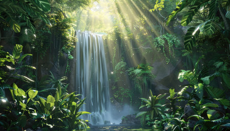 Waterfall in tropical forest with sunlight and lens flare, Thailand.の素材