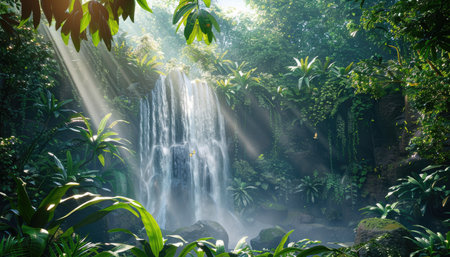 A majestic waterfall cascades down from the dense canopy of the lush green rainforest, surrounded by vibrant foliage and exotic wildlife. Sunrays shine through the leaves, capturing the beauty of nature in a stunning photograph. This photo-realistic landscape, with its high resolution and hyper-realistic details, showcases the sharp focus, cinematic lighting, and beautiful colors that make this scene truly captivating. --ar 7:4 --v 6 Job ID: fb94bc6d-4046-4361-8575-f75cac0c551dの素材