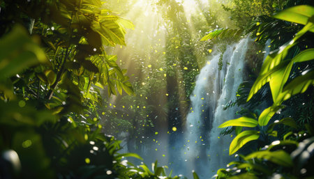 Beautiful waterfall in tropical forest with sunlight and lens flare effect.の素材