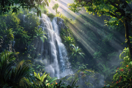 A majestic waterfall cascades down from the dense canopy of the lush green rainforest, surrounded by vibrant foliage and exotic wildlife. Sunrays shine through the trees, creating a photorealistic, hyper-detailed scene. --ar 3:2 --v 6 Job ID: 9fc6c703-06d1-4281-a2df-51d549db56d1の素材