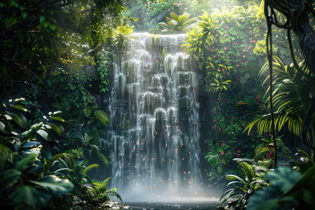 A majestic waterfall cascades down from the dense canopy of the lush green rainforest, surrounded by vibrant foliage and exotic wildlife. The scene is captured with a focus on the waterfall's face, cinematic lighting, and volumetric light rays shining through the trees, resulting in an ultra-realistic photographic effect. --ar 3:2 --v 6 Job ID: 60ec6e3b-d84a-4edb-bd40-278afab4cb2eの素材