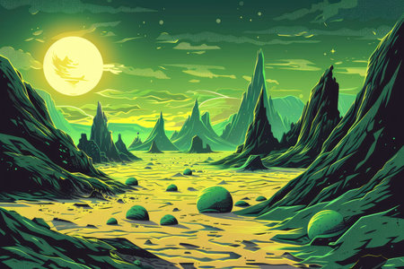 Vector illustration of an alien planet landscape, with green and yellow colors, in a flat design style, digital art style, high resolution, high detail, digital airbrushing, vector graphics, high quality, high contrast, high sharpness, cinematic lighting, atmospheric perspective, depicting a sunrise, with green mountains in the background and the sun setting behind the mountain peaks. In the foreground, there is a wide valley with black rocks and yellow sand, covered in green vegetation. The sky has some clouds, with the sun shining through them. --ar 3:2 --v 6 Job ID: 743ba6c6-d0f7-41ee-8d40-fa77fdaaf8f5の素材