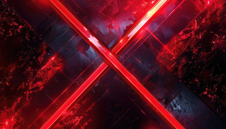 A dark abstract background with two intersecting neon red lines.の素材