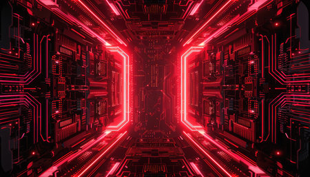 A 3D rendering of an abstract red neon tunnel with futuristic, geometric shapes and a dark, vibrant ambiance.の素材