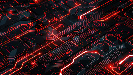 Close-up view of a black circuit board with bright red glowing lines and patterns.の素材
