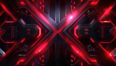 A digital rendering of an abstract futuristic background featuring red neon lights and metallic panels.の素材