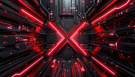 An abstract futuristic tunnel with glowing red lines and black metallic walls.の素材