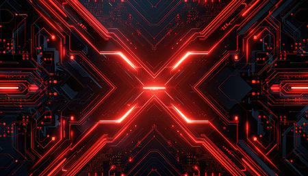 A futuristic digital abstract background featuring glowing red lines and circuitry on a dark surface.の素材
