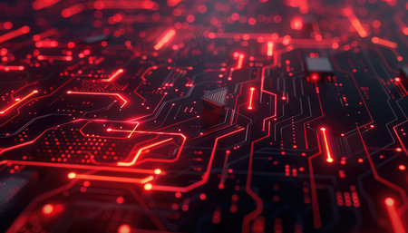 A close-up of a red-illuminated circuit board with glowing lines and dots, representing technology and connectivity.の素材
