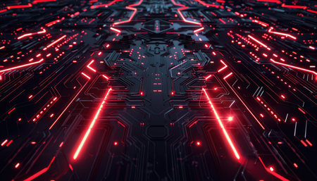 A dark, futuristic abstract background with glowing red lines and circuit patterns.の素材