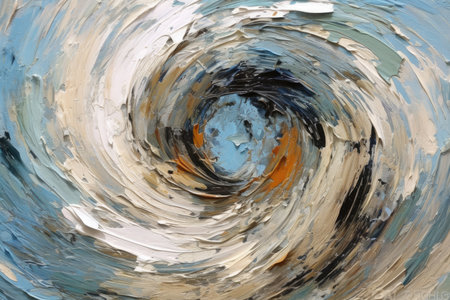 An abstract oil painting featuring swirling brushstrokes in shades of blue, brown, and white, creating a dynamic and textured composition.の素材