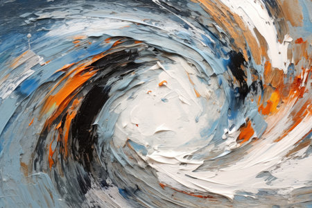 A close-up abstract painting with swirling brushstrokes in blue, orange, and white.の素材