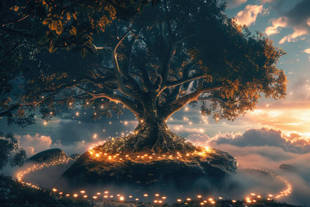 A majestic tree stands on a misty mountaintop, illuminated by glowing lights creating a magical and enchanting scene.の素材