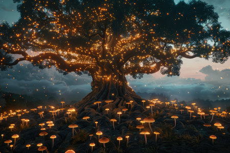 A glowing tree with luminous mushrooms in a dark forest at night.の素材