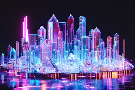 A futuristic cityscape made of glowing crystal structures with neon lights reflecting on a reflective surface.の素材