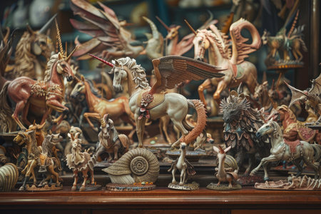 A close-up of a collection of intricately crafted figurines depicting mythical creatures, including unicorns, pegasi, dragons, and griffins.の素材