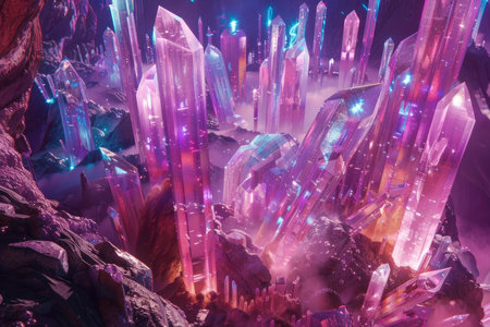 A close-up view of a cluster of massive pink and blue crystals, creating a fantastical, ethereal cityscape.の素材