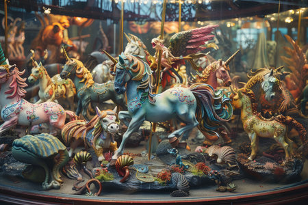 A collection of ornate figurines depicting mythical creatures, including unicorns, a pegasus, and a dragon, are arranged in a glass display case.の素材
