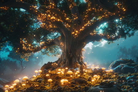 A large, glowing tree with roots covered in illuminated mushrooms in a mystical forest setting.の素材
