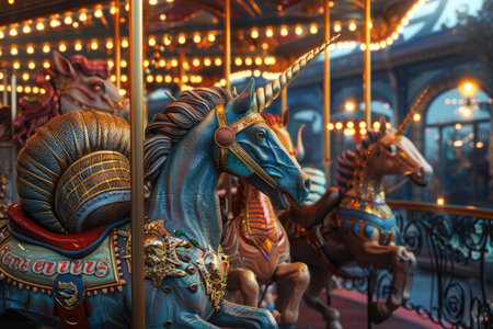 A close-up of a blue carousel horse with a golden horn, showcasing the intricate details of its design.の素材