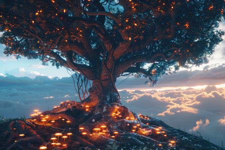A fantastical depiction of a tree with glowing branches growing on a mountain, with glowing mushrooms growing on the ground around it.の素材