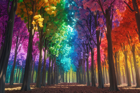 A vibrant rainbow color scheme illuminates the canopy of a dense forest, creating a surreal and dreamlike atmosphere.の素材