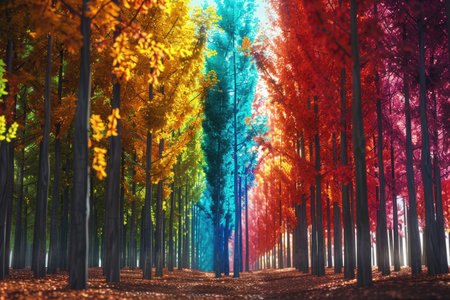 A path leading through a vibrant forest with trees in a spectrum of colors.の素材