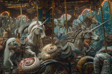 Two ornate carousel horses, one a unicorn, are decorated with seashells and gems, giving the carousel a whimsical and fantastical aesthetic.の素材