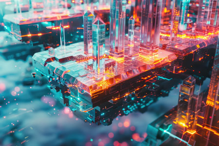 A futuristic city made of glowing towers and abstract architecture.の素材