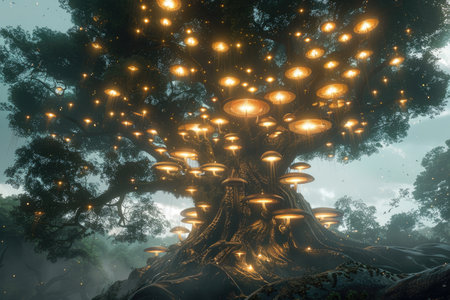 A digitally rendered image of a large, majestic tree with numerous glowing golden mushroom lights in a misty forest setting.の素材